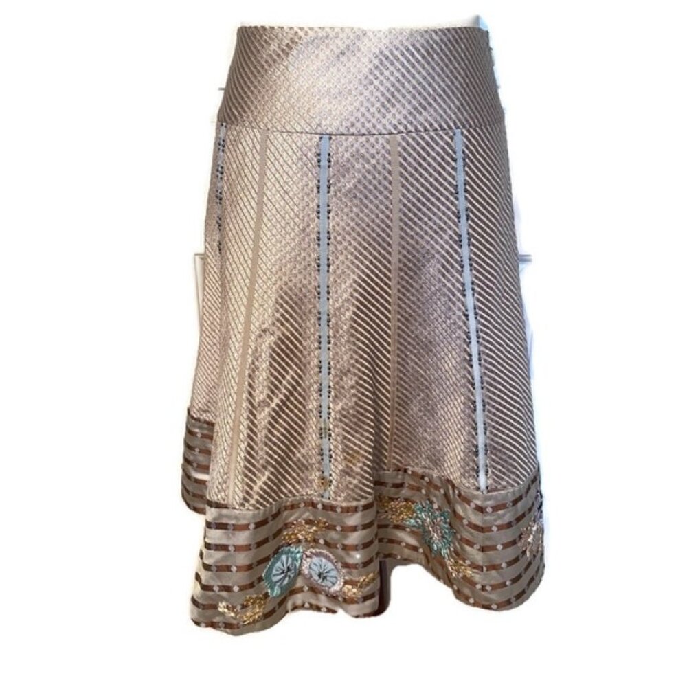 PER SE SKIRT FULL A-LINE TAN BLUE BEADED FLORAL Size 2